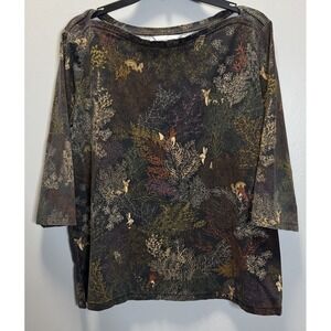 Christopher & Banks Top Women's 3/4 Sleeve Camo Like Pattern w/ Animals Brown